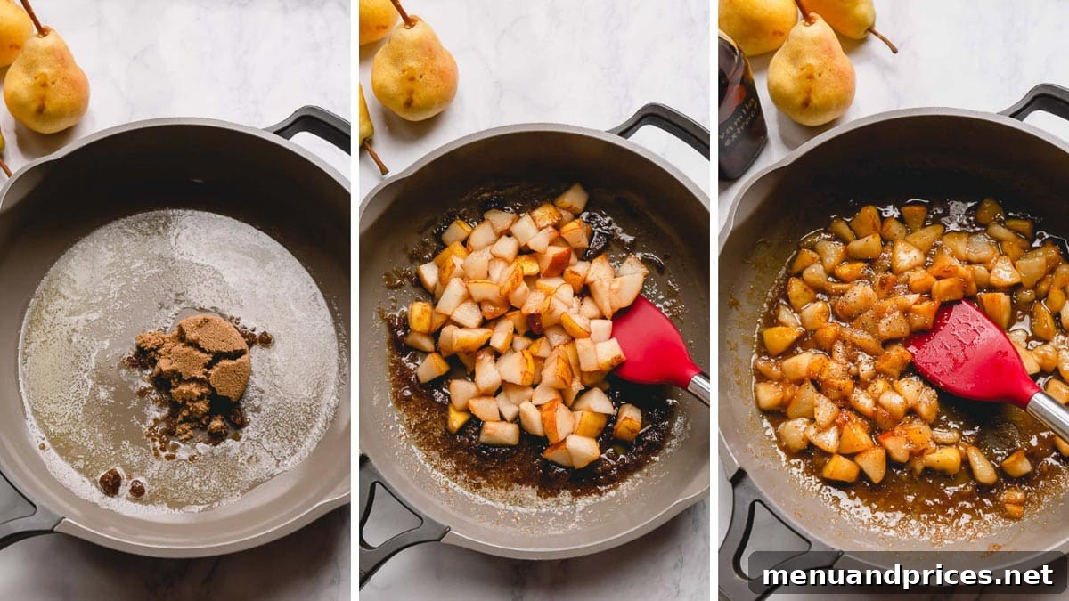 Golden Caramel Pear Bliss 5 3 step-by-step photos illustrating the process of making caramelized pears.