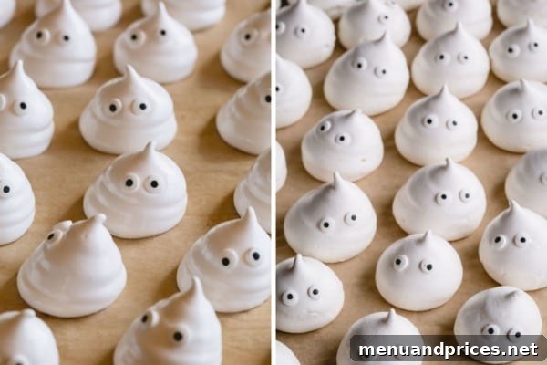 Phantom Meringue Kisses 6 A close-up of a meringue ghost cookie with perfectly piped eyes and mouth.