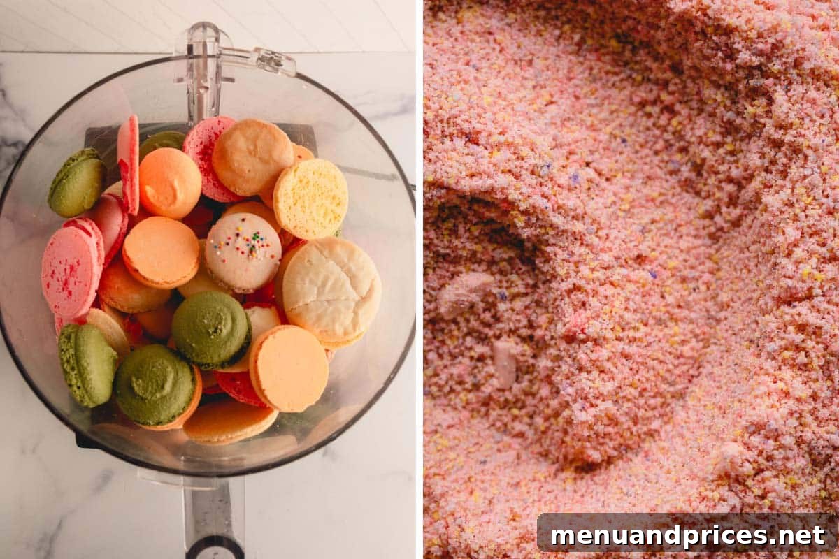 Side-by-side images showing failed macaron shells being processed in a food processor, and the resulting finely ground macaron flour.