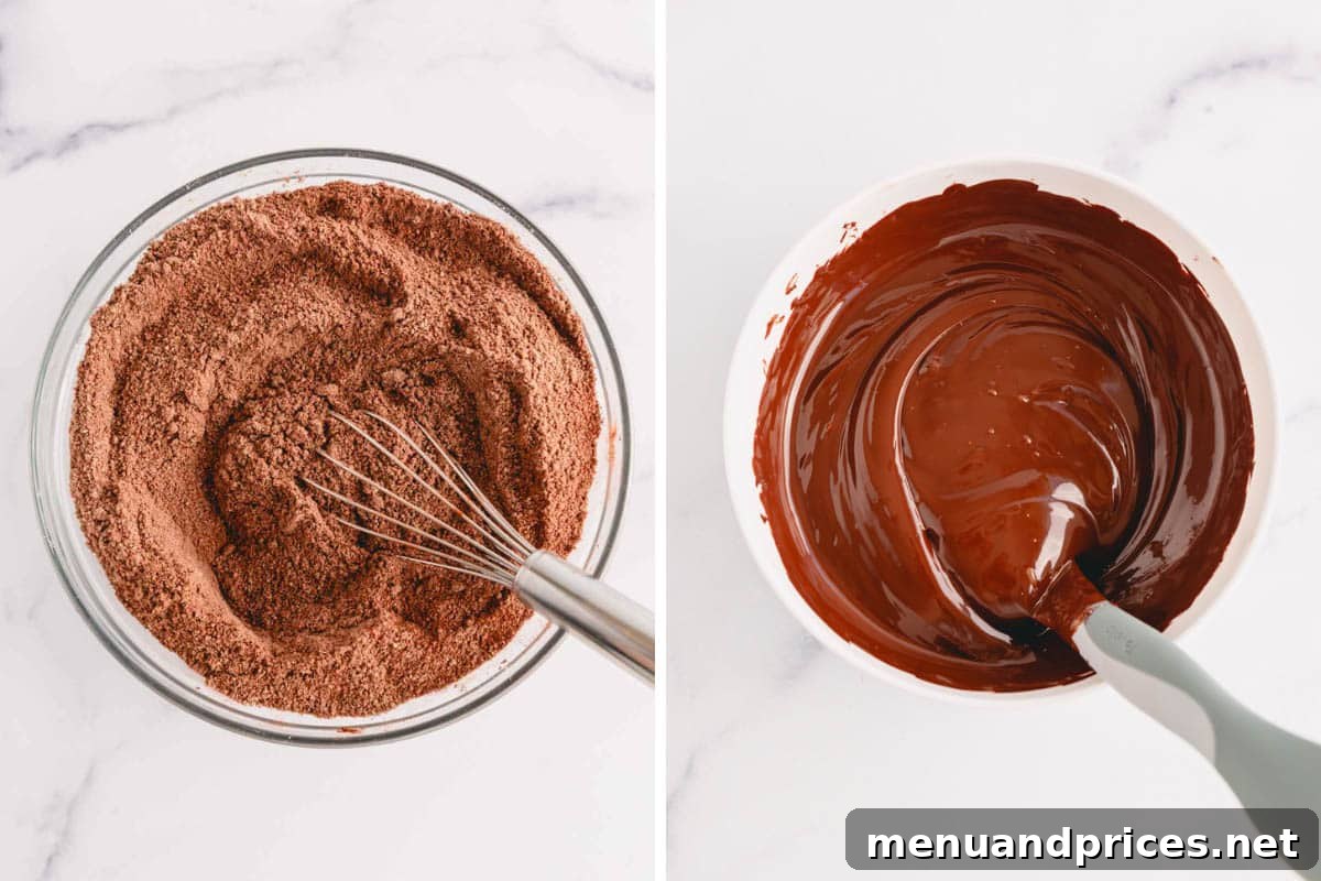 Side-by-side images showing a bowl of perfectly mixed dry ingredients and a bowl of glossy, melted chocolate, ready to be combined.