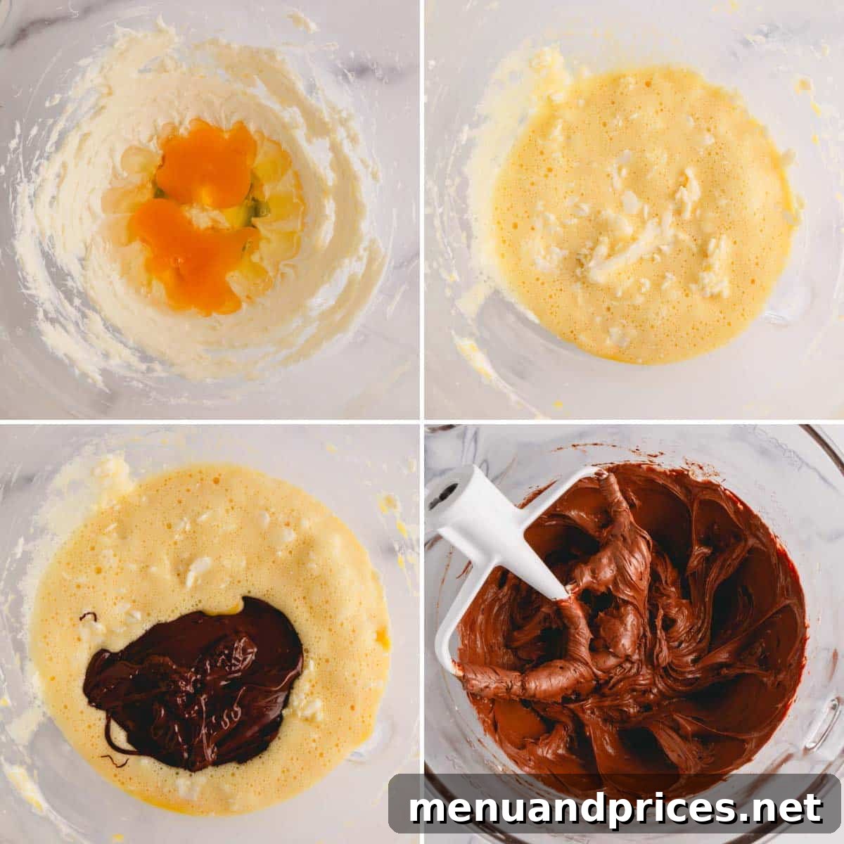 A 4-image collage illustrating the process of mixing wet ingredients: butter being creamed, eggs added one by one, and then melted chocolate being folded into the mixture.