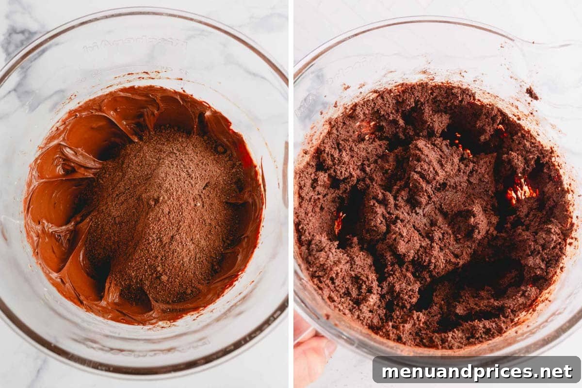 Side-by-side images depicting the dry ingredients being gently mixed into the wet chocolate batter, resulting in a rich, soft cookie dough.