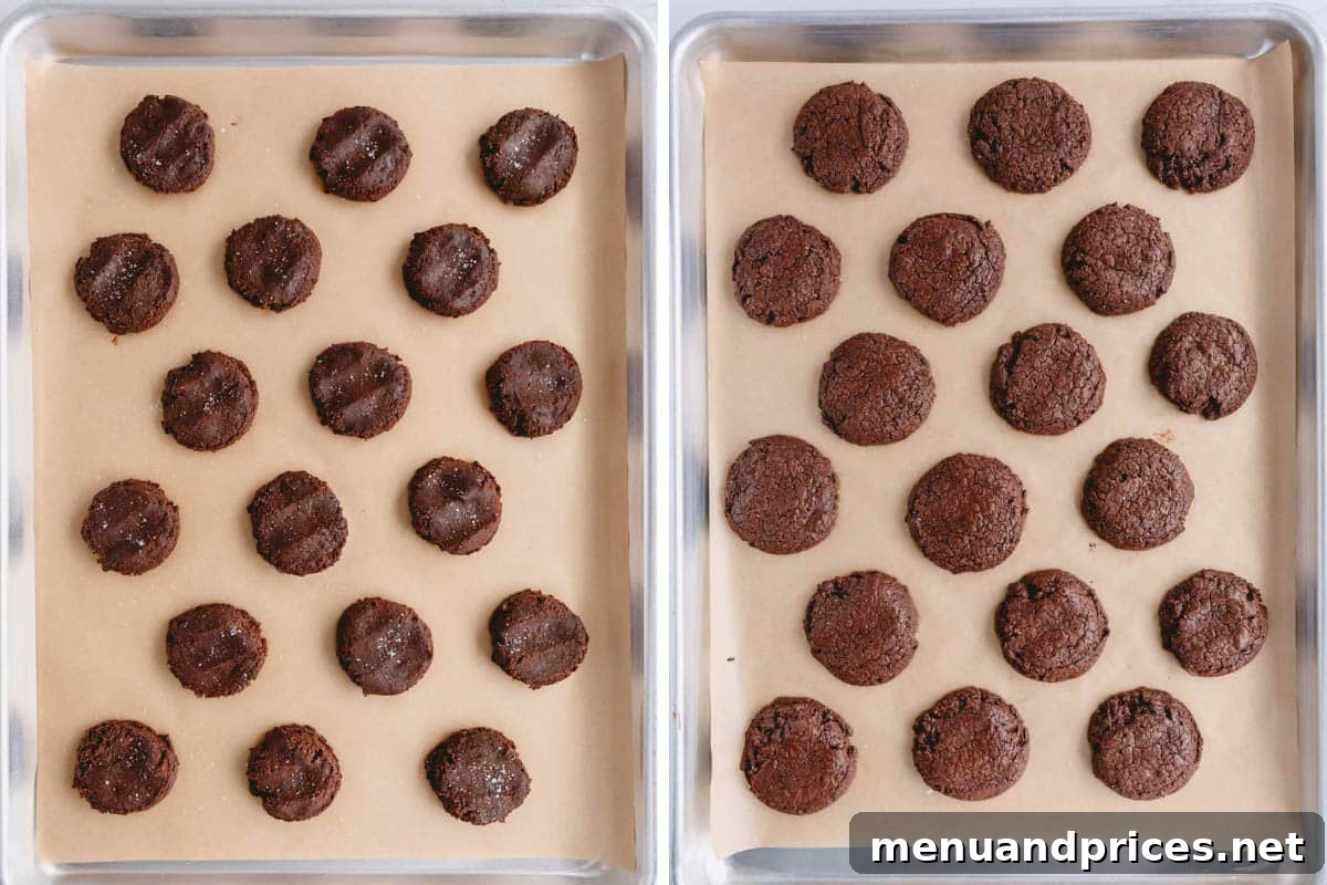 Side-by-side images showing raw, portioned macaron brownie cookie dough balls on a baking sheet, and the same cookies perfectly baked with crinkled tops.