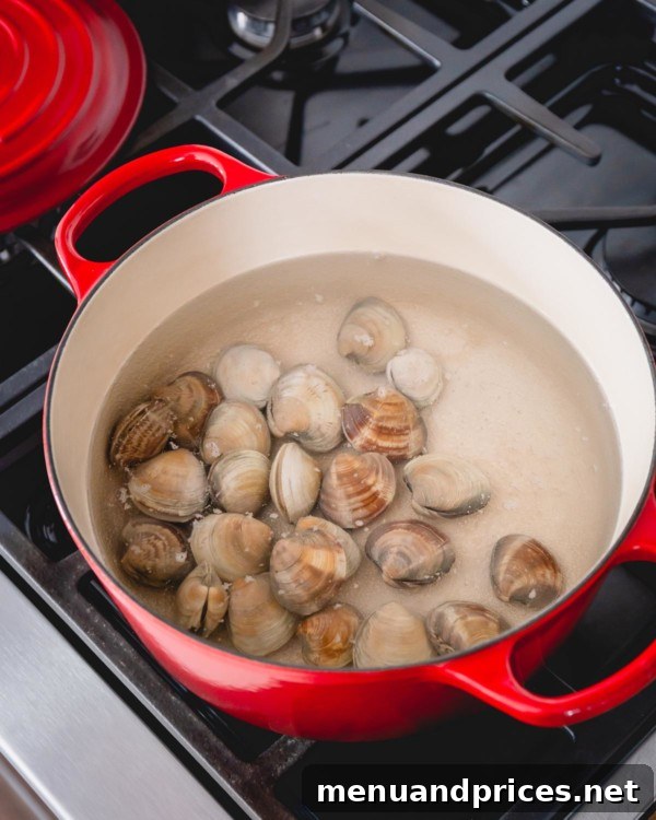 Umami Clam Miso 5 Littleneck clams submerged in a stockpot of water, gently simmering on the stovetop.