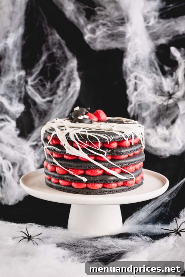 A stunning 5-layer black macaron cake filled with vibrant red cream cheese frosting, adorned with a white marshmallow spiderweb and candy eyes, all presented beautifully on a white cake stand.