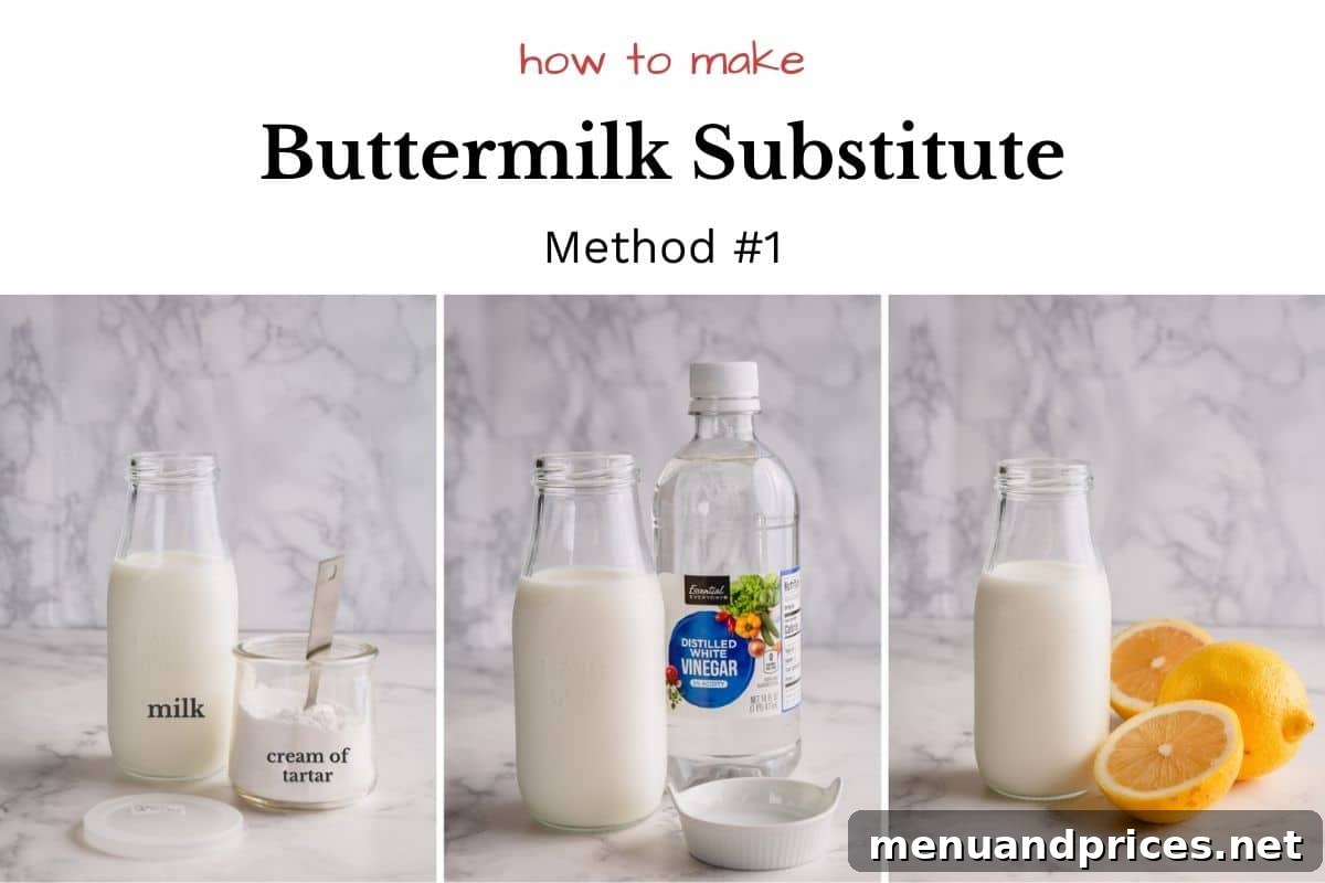 Three small bottles showing ingredients for buttermilk substitute: white vinegar, lemon juice, and cream of tartar, next to a bottle of milk.