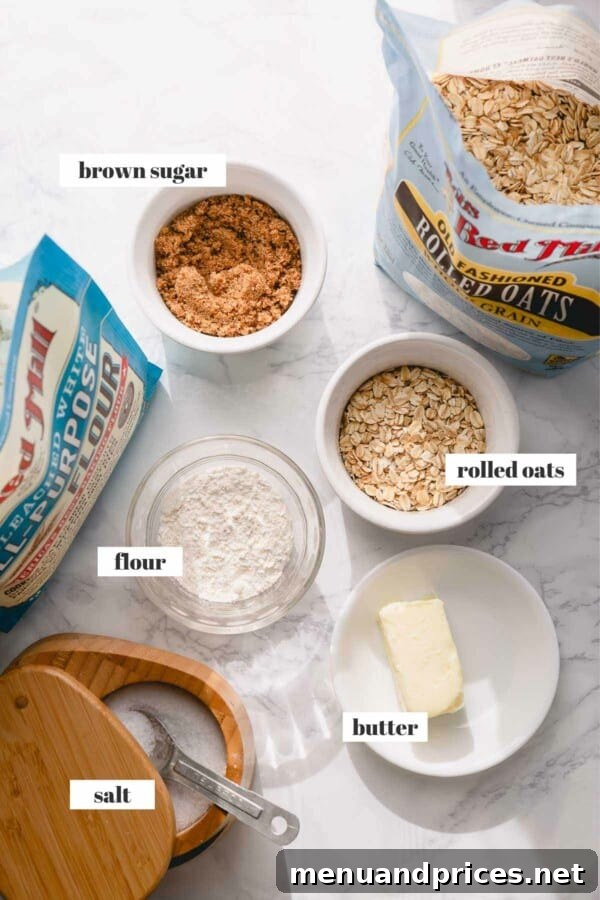 Spiced Apple Streusel Coffee Cake 4 Close-up of streusel topping ingredients: rich brown sugar, hearty rolled oats, all-purpose flour, and softened unsalted butter, ready to be combined.