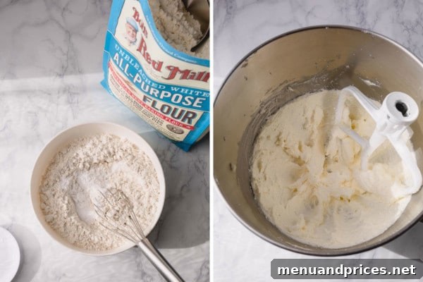 Spiced Apple Streusel Coffee Cake 7 Step-by-step images showing the preparation of dry ingredients and the successful whipping of butter and sugar to a fluffy consistency.