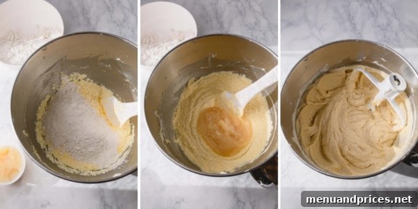Spiced Apple Streusel Coffee Cake 8 Three step-by-step images depicting the process of making the cake batter in a mixing bowl, showcasing its smooth and cohesive consistency.