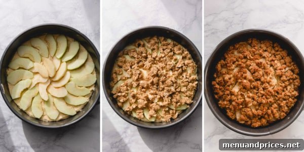 Spiced Apple Streusel Coffee Cake 9 Three step-by-step images of the assembled cake batter in a springform pan, topped with apple slices and streusel, ready for baking.