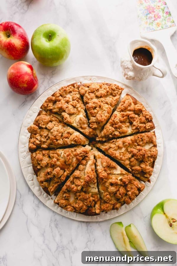 Spiced Apple Streusel Coffee Cake 10 An inviting overhead image of a freshly baked, sliced apple coffee cake presented on a clean white serving plate, ready to be enjoyed.