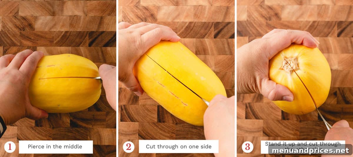 Master Spaghetti Squash Two Ways 3 3 side-by-side images of cutting a spaghetti squash in half.