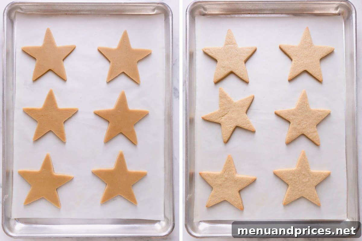 The Perfect No-Spread Sugar Cookies 8 Side by side images of unbaked and baked cut out cookies on a baking sheet.