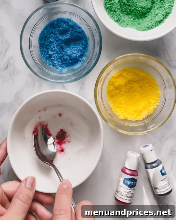Whip Up Vibrant Homemade Sugars 5 A spoon mixing gel food coloring into granulated sugar, beginning to spread the color.