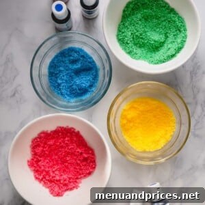 Whip Up Vibrant Homemade Sugars 6 A close-up shot of various bowls filled with different colors of homemade sugar sprinkles, ready for use.