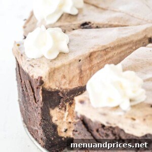 Oreo Dream Cake 5 Close-up of a slice of double-layered Oreo ice cream cake with whipped cream and crushed Oreos.