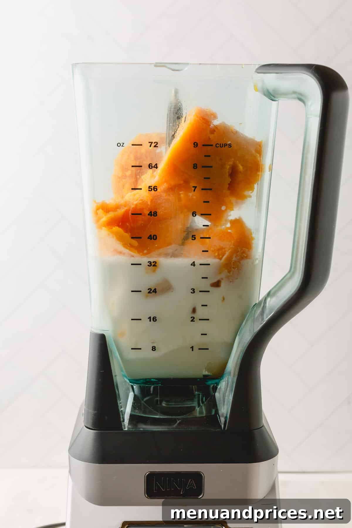 Creamy Vegan Coconut Orange Dream 4 All the coconut orange Julius ingredients, including frozen concentrate and coconut milk, placed in a blender ready to be mixed.