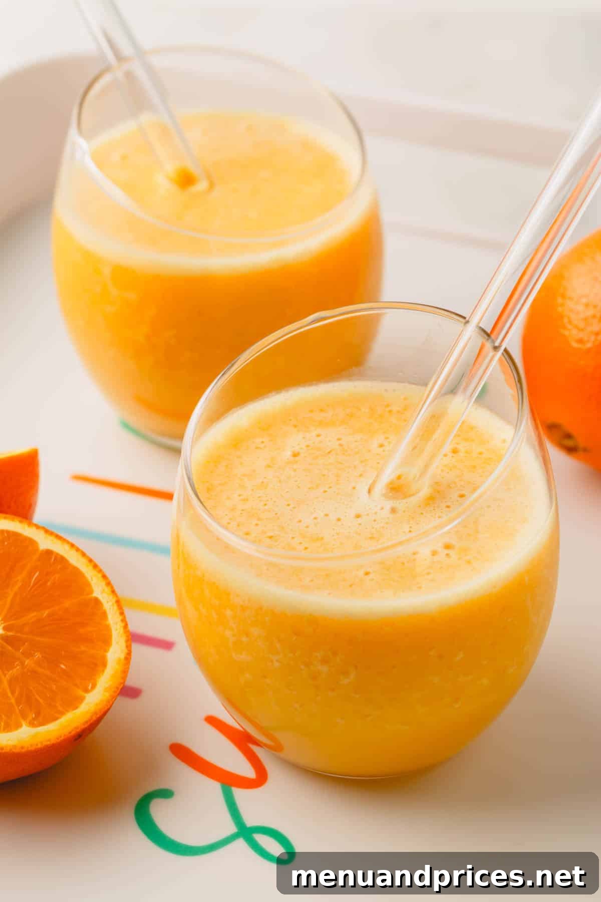 Creamy Vegan Coconut Orange Dream 7 Two elegant glasses filled with a refreshing coconut orange Julius drink, complete with glass straws and a backdrop of fresh oranges.