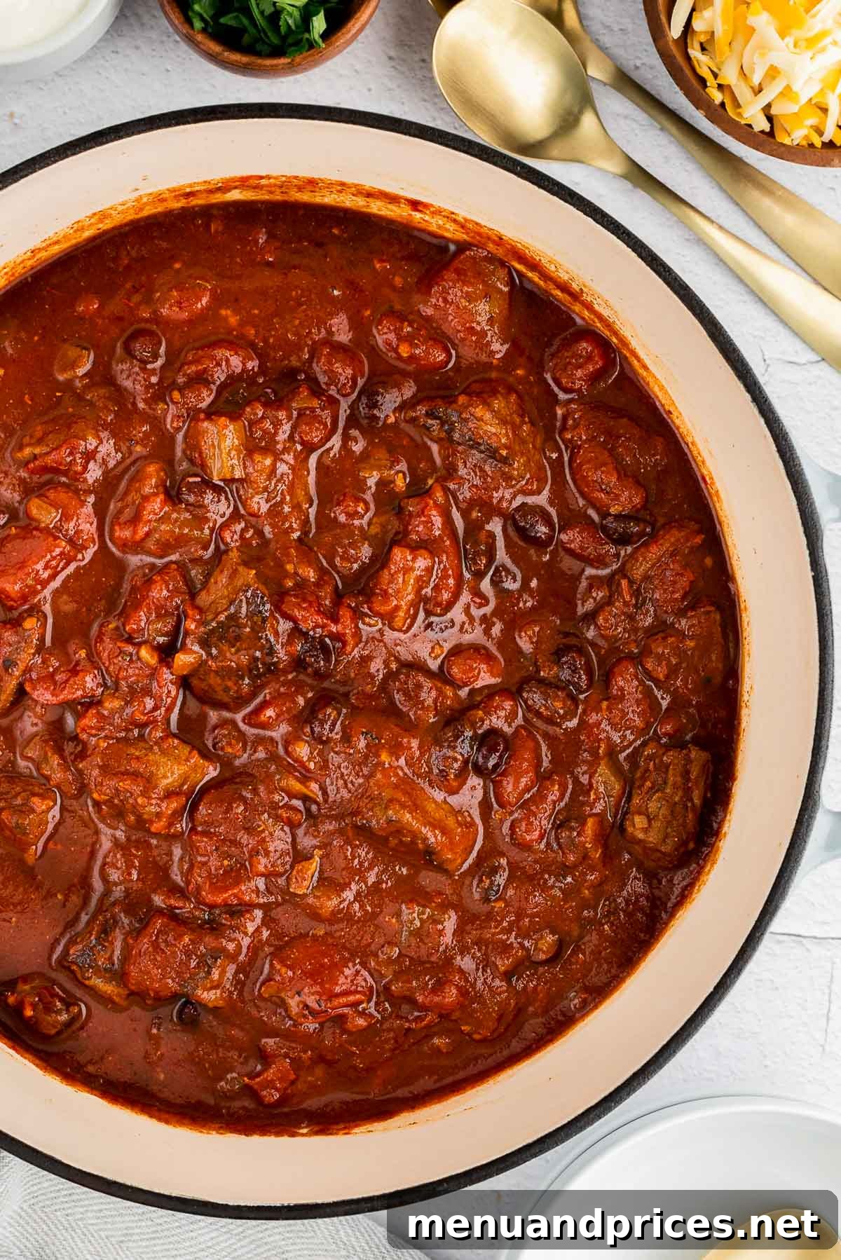Hearty Chunky Beef Chili 6 Chunky chili in a dutch oven.
