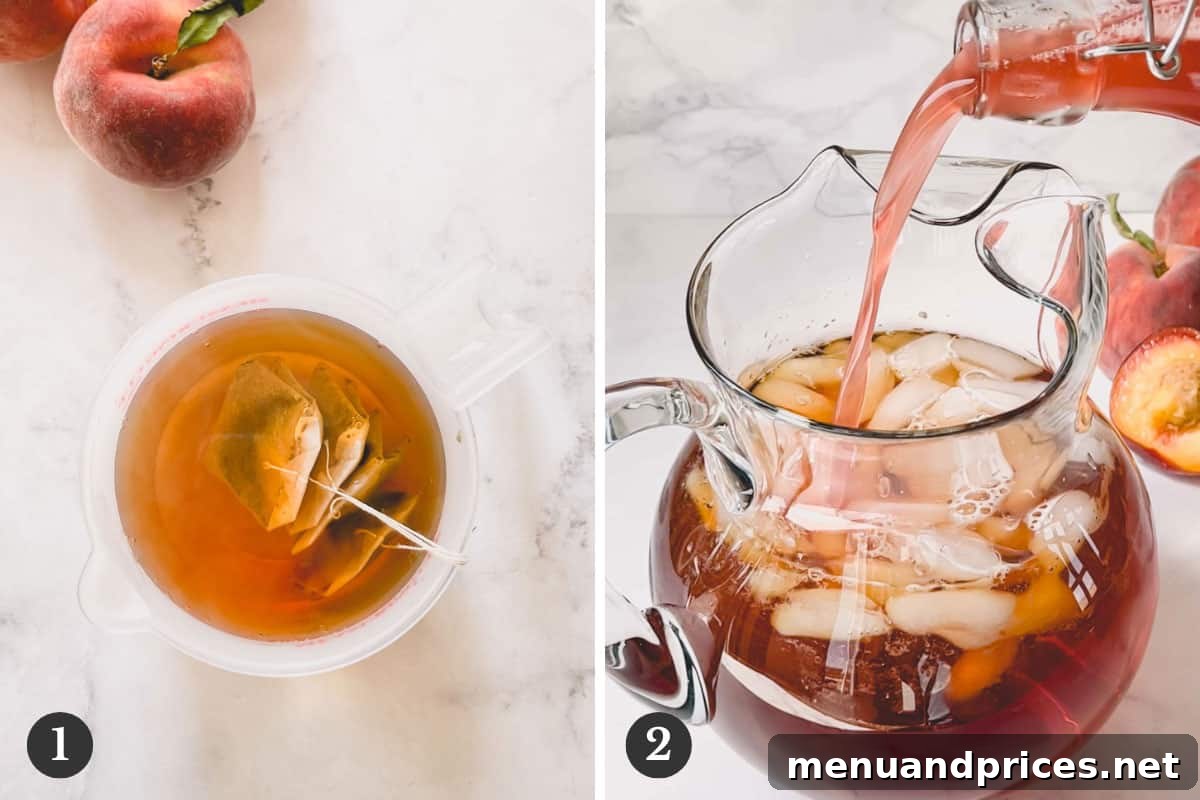 Golden Peach Chill 4 Side by side images depicting the process of making peach iced tea: brewing tea and mixing ingredients in a pitcher.