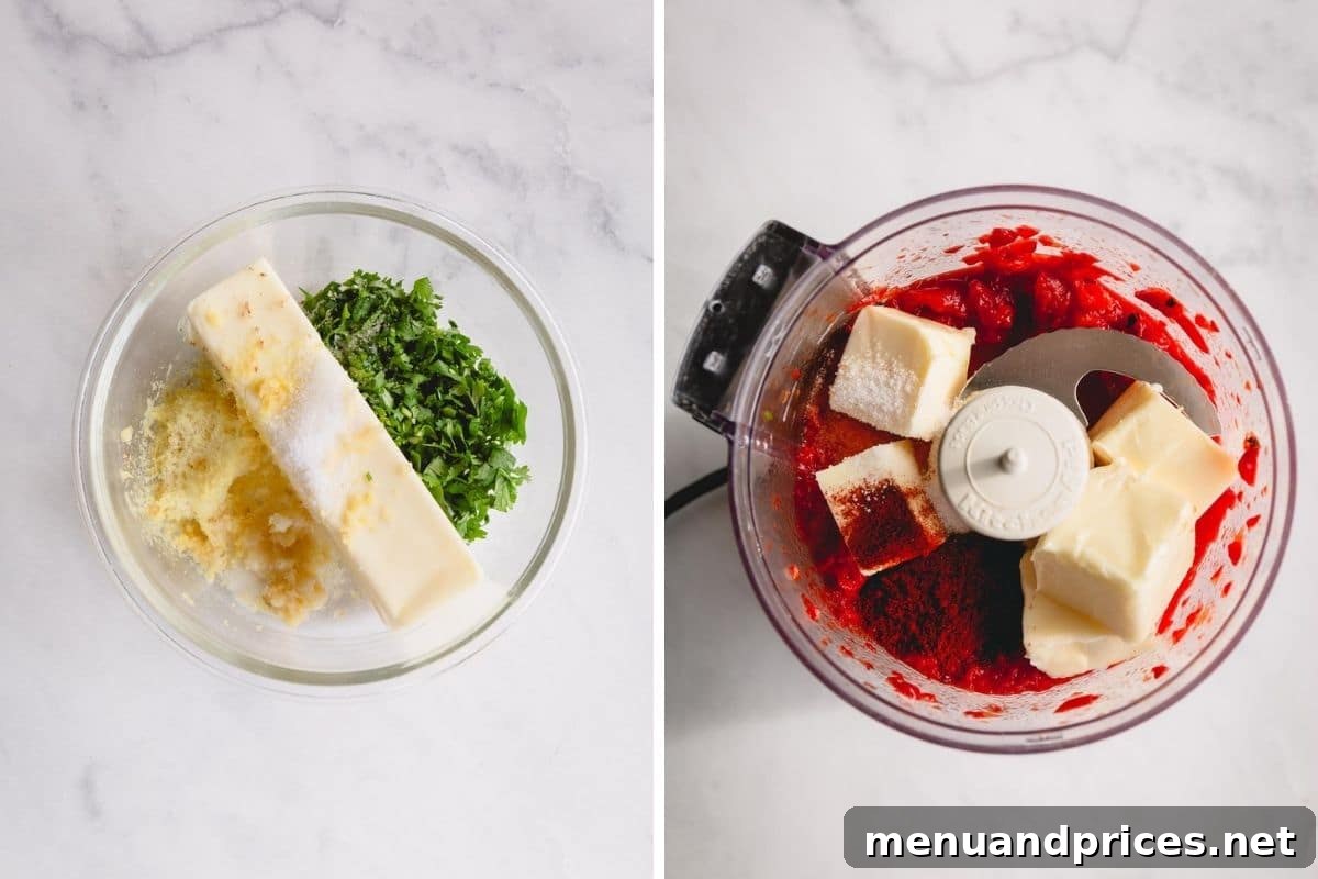 Unleash Flavor with Homemade Compound Butters 3 Side-by-side comparison images demonstrating the two primary methods of making compound butter: mixing by hand in a bowl and blending with a food processor.