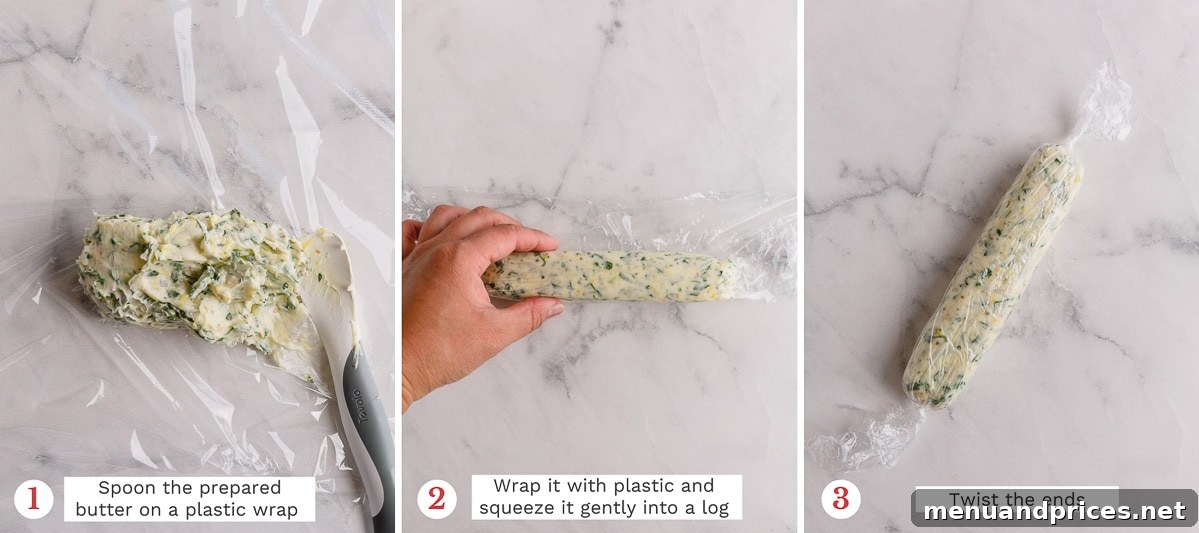 Unleash Flavor with Homemade Compound Butters 4 Three sequential images demonstrating the process of shaping compound butter into a log using parchment paper, from initial placement to twisting the ends.