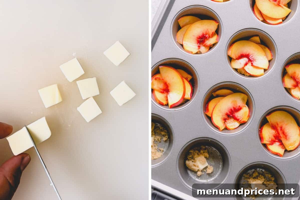 Step by step photos of preparing the peach topping.
