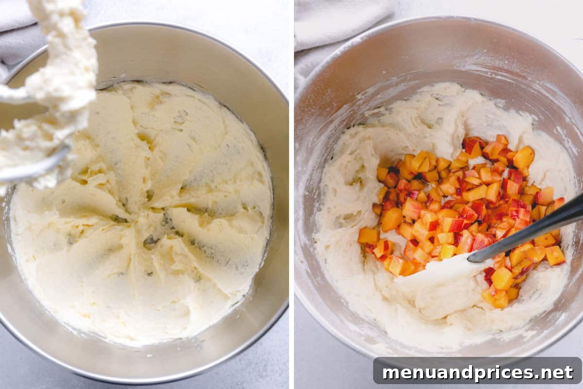 Step by step photos of making peach cake batter.