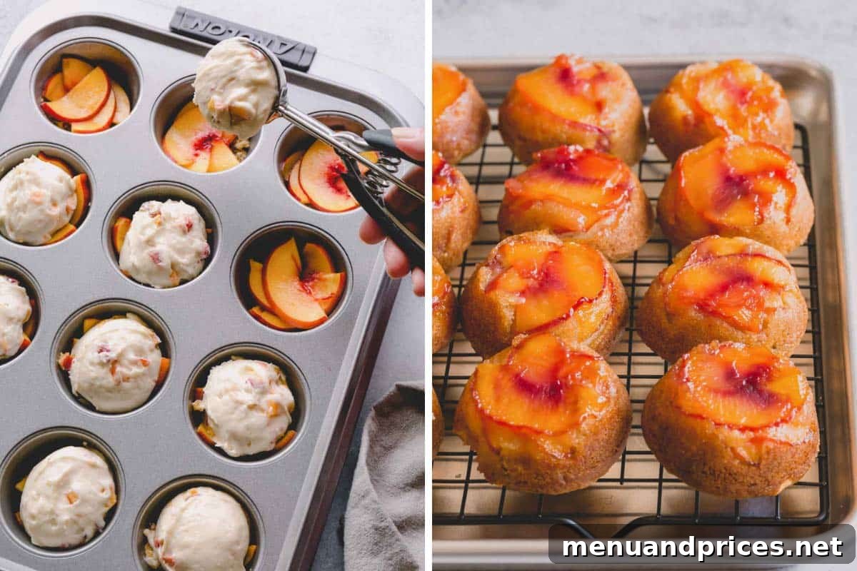 Side by side images of making peach upside down cupcakes.