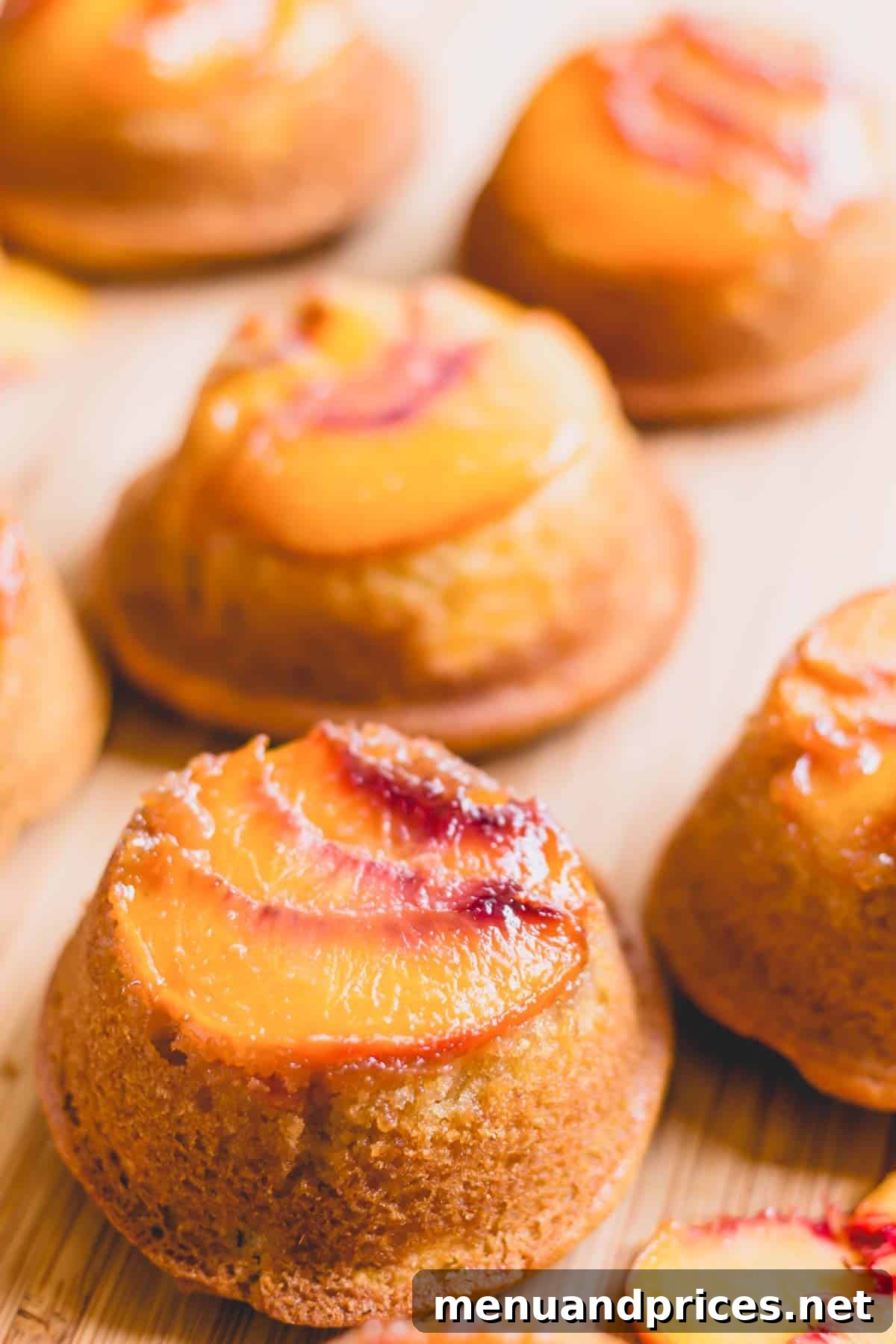 Mini peach upside down cakes on wooden board.