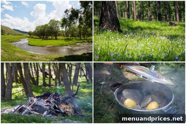 Summer Adventures From Japan to the American West 7 A group of people gathered around a traditional Mongolian barbecue (Khorkhog) being prepared outdoors during a camping trip by a river ~Sweet and Savory by Shinee