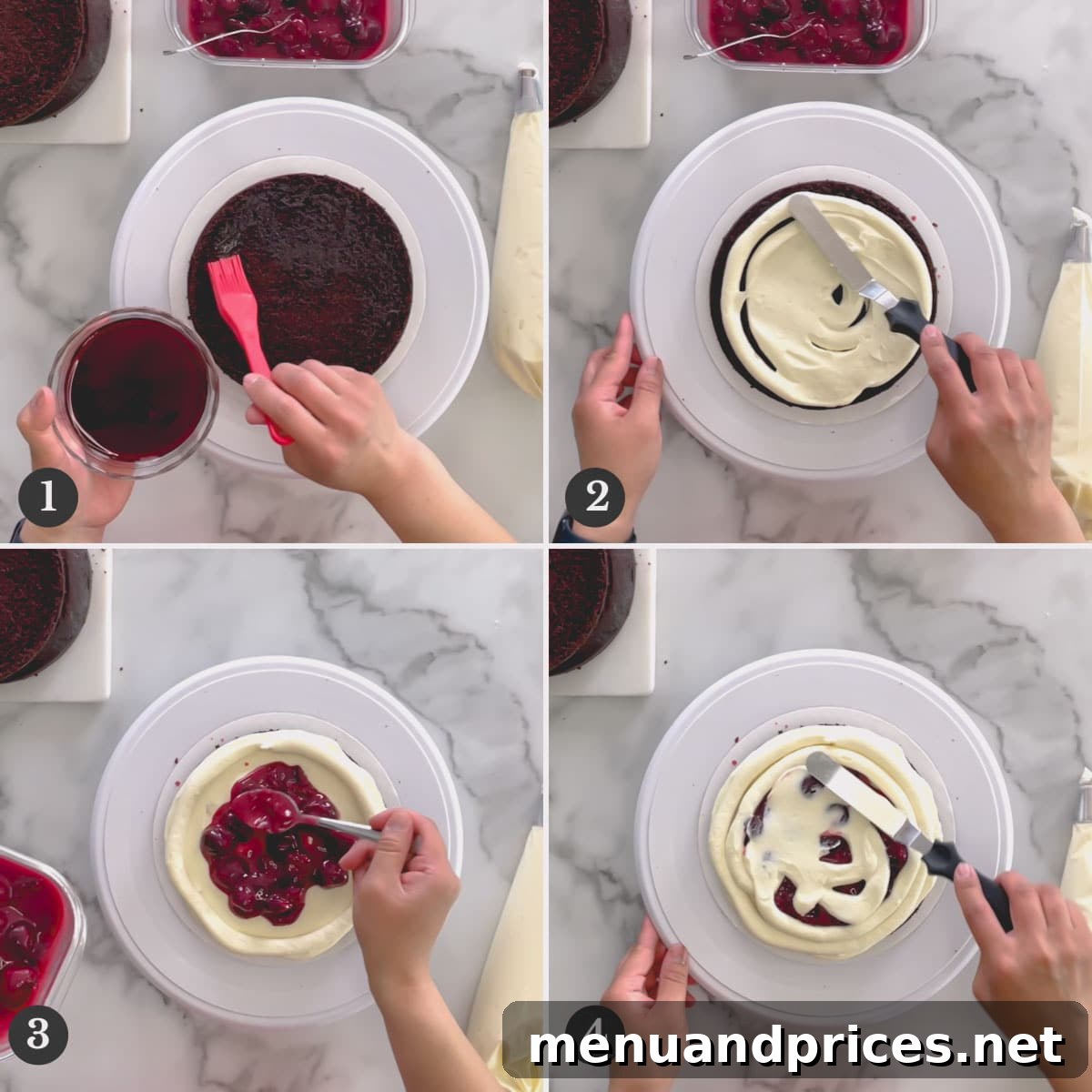 Decadent Black Forest Torte 5 Step by step photos of assembling Black Forest cake layers with mousse and cherry filling.