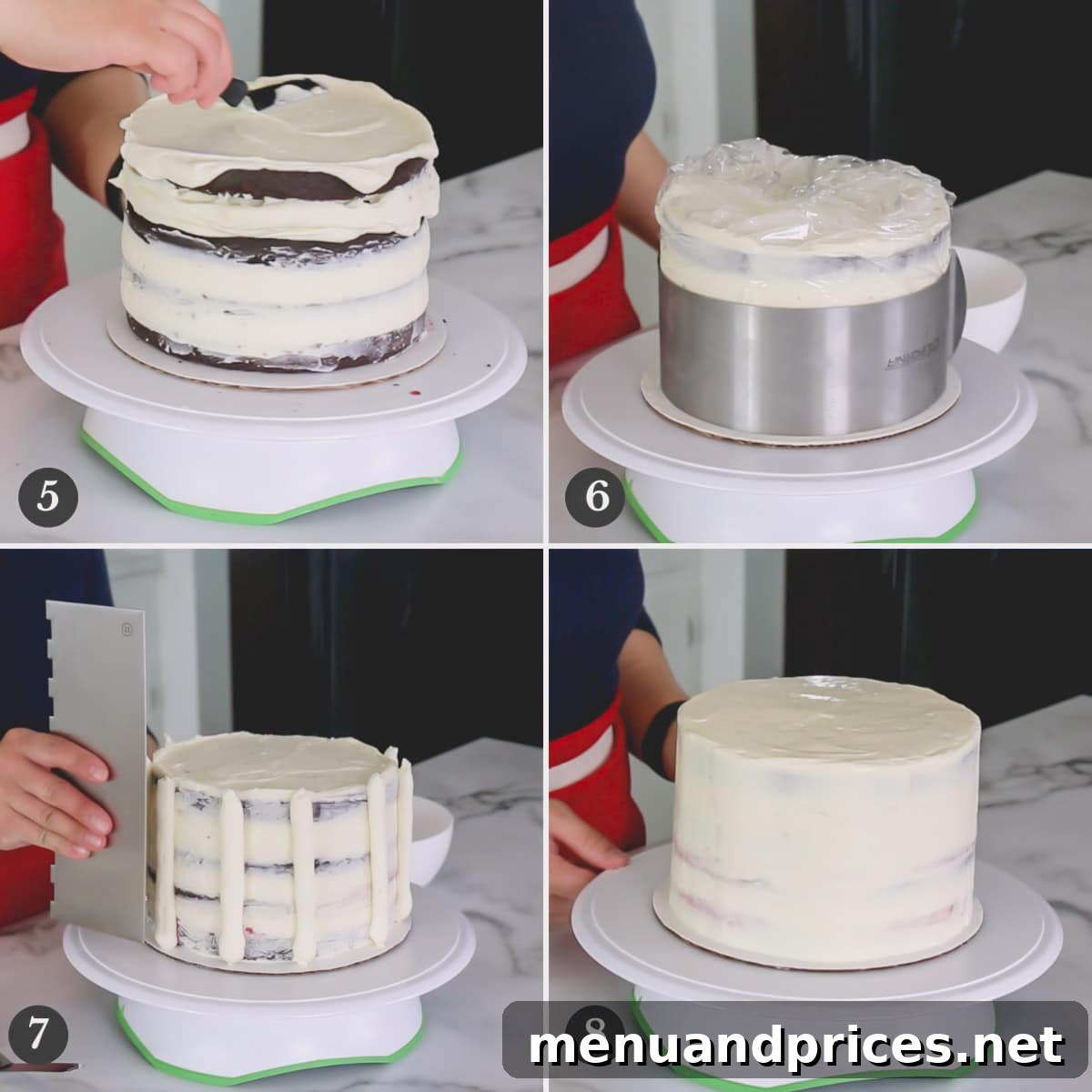 Decadent Black Forest Torte 6 Step by step photos of crumb coating and final frosting of a Black Forest Cake.
