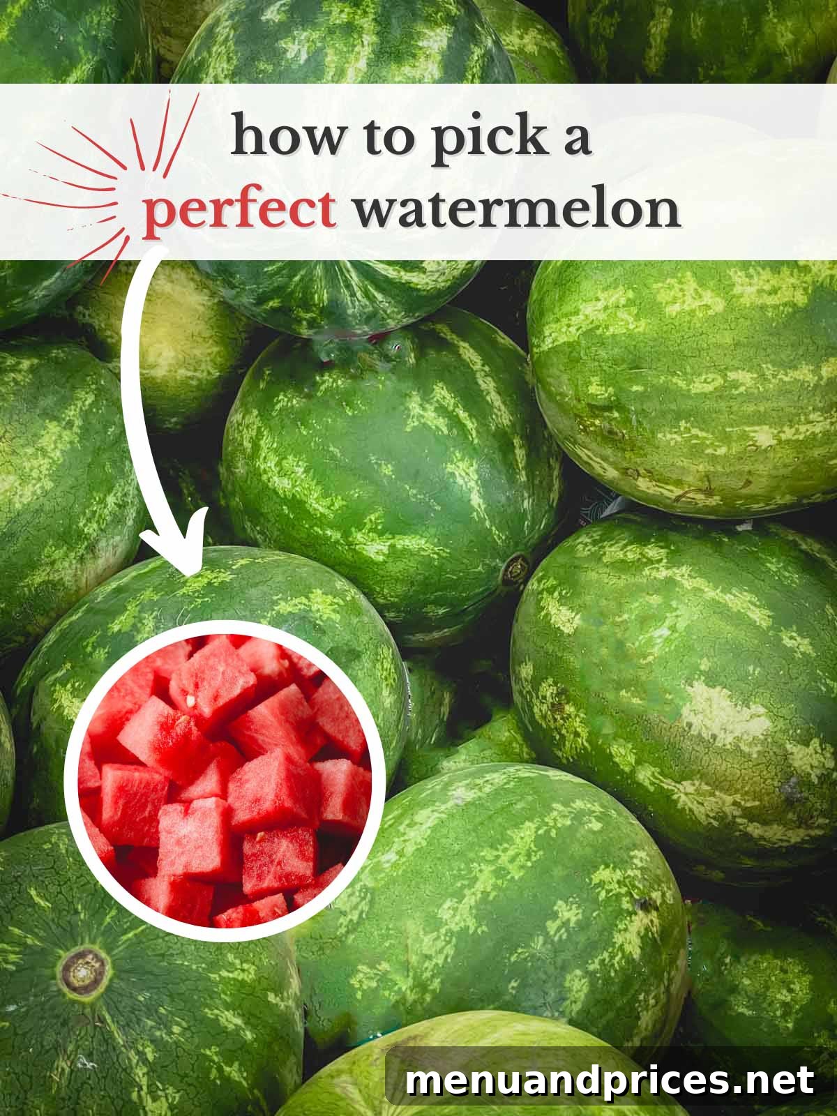 Bunch of watermelons with a label how to pick a perfect watermelon.
