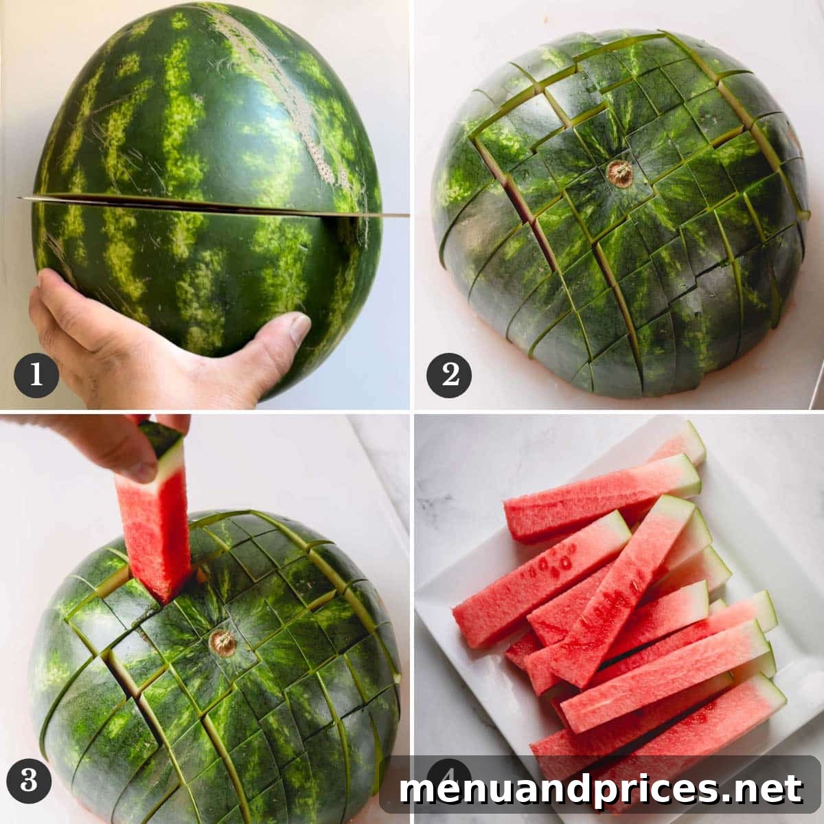 Unlock the Perfect Watermelon Slice 3 Step-by-step photos illustrating the process of cutting a watermelon into convenient sticks.