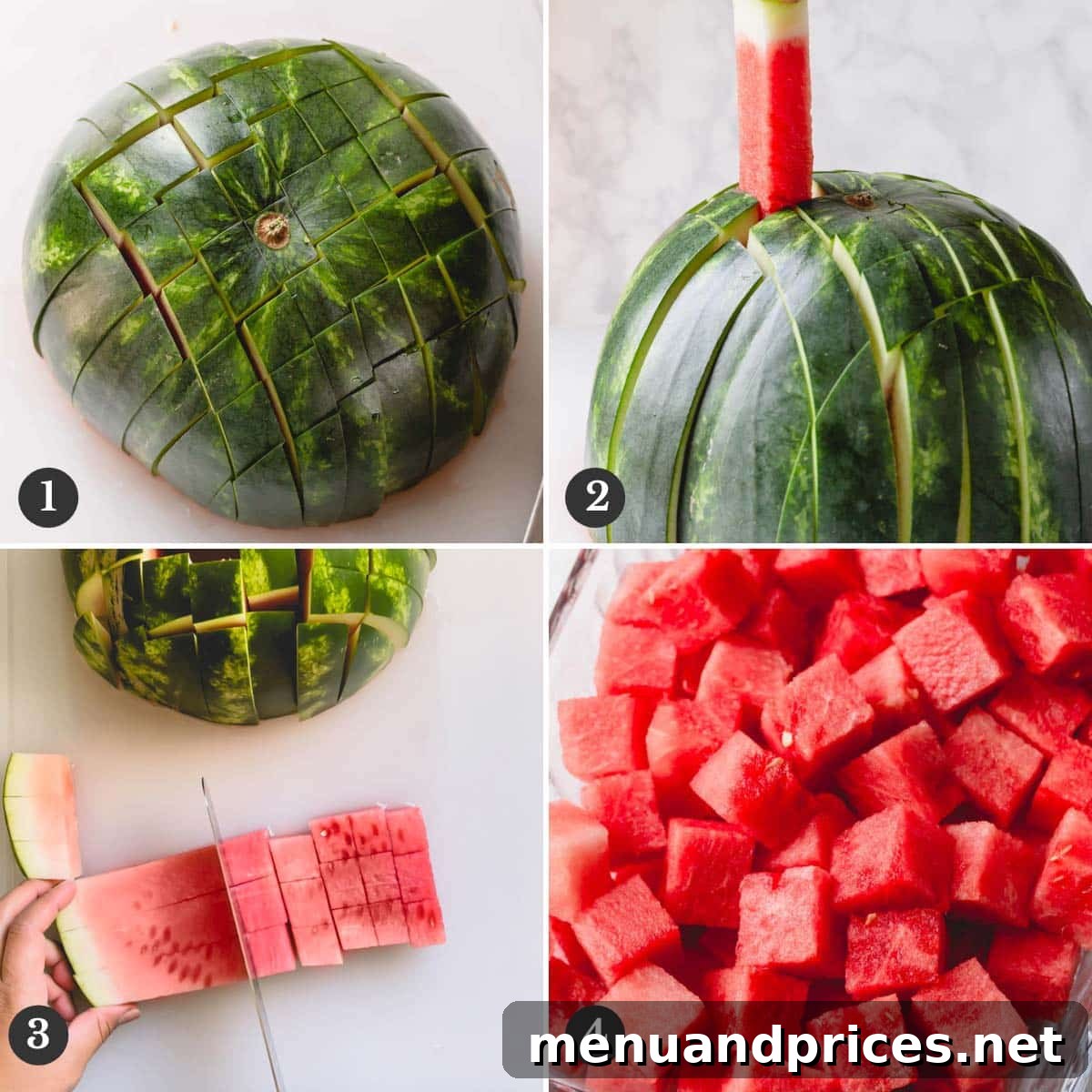 Unlock the Perfect Watermelon Slice 4 Step-by-step photos demonstrating how to easily cut a watermelon into perfect cubes.