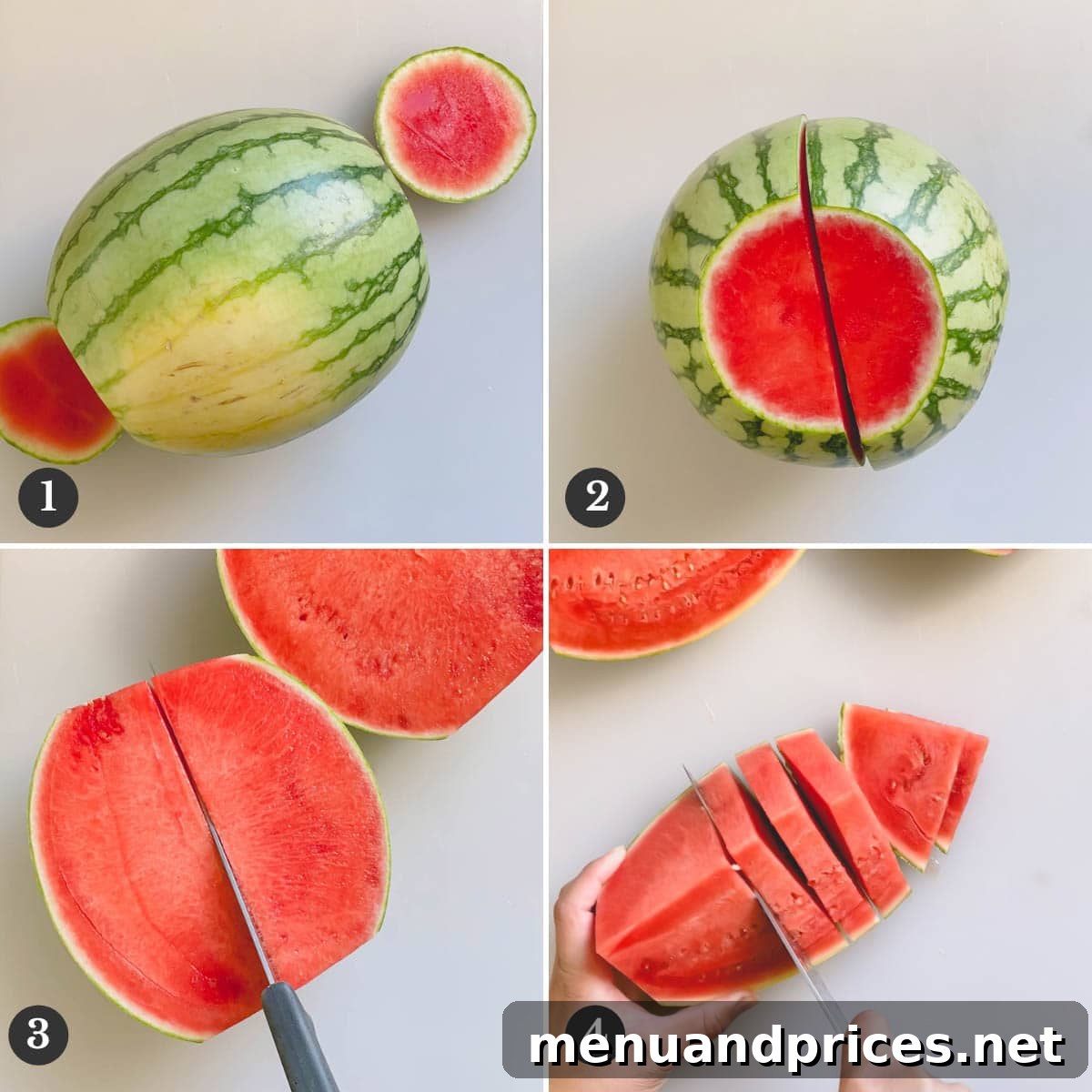 Unlock the Perfect Watermelon Slice 5 Step-by-step photos detailing the process of cutting a watermelon into traditional wedges.