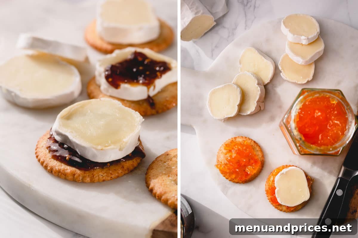 A perfectly ripe wheel of Brie cheese, cut to reveal its creamy interior, accompanied by grapes and crackers.