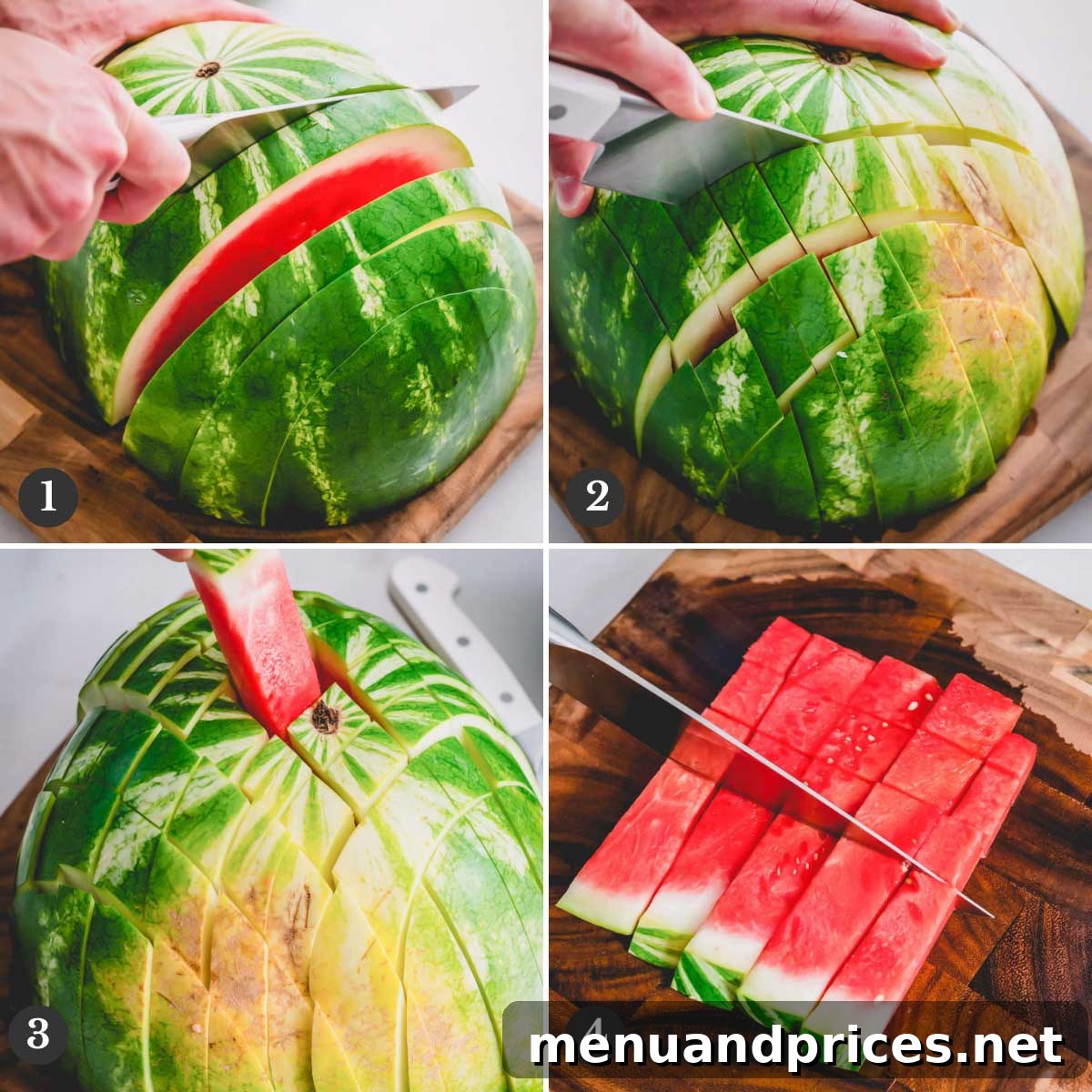 Summer Watermelon Feta Medley 4 Step-by-step photos demonstrating the process of cutting a watermelon into uniform cubes.