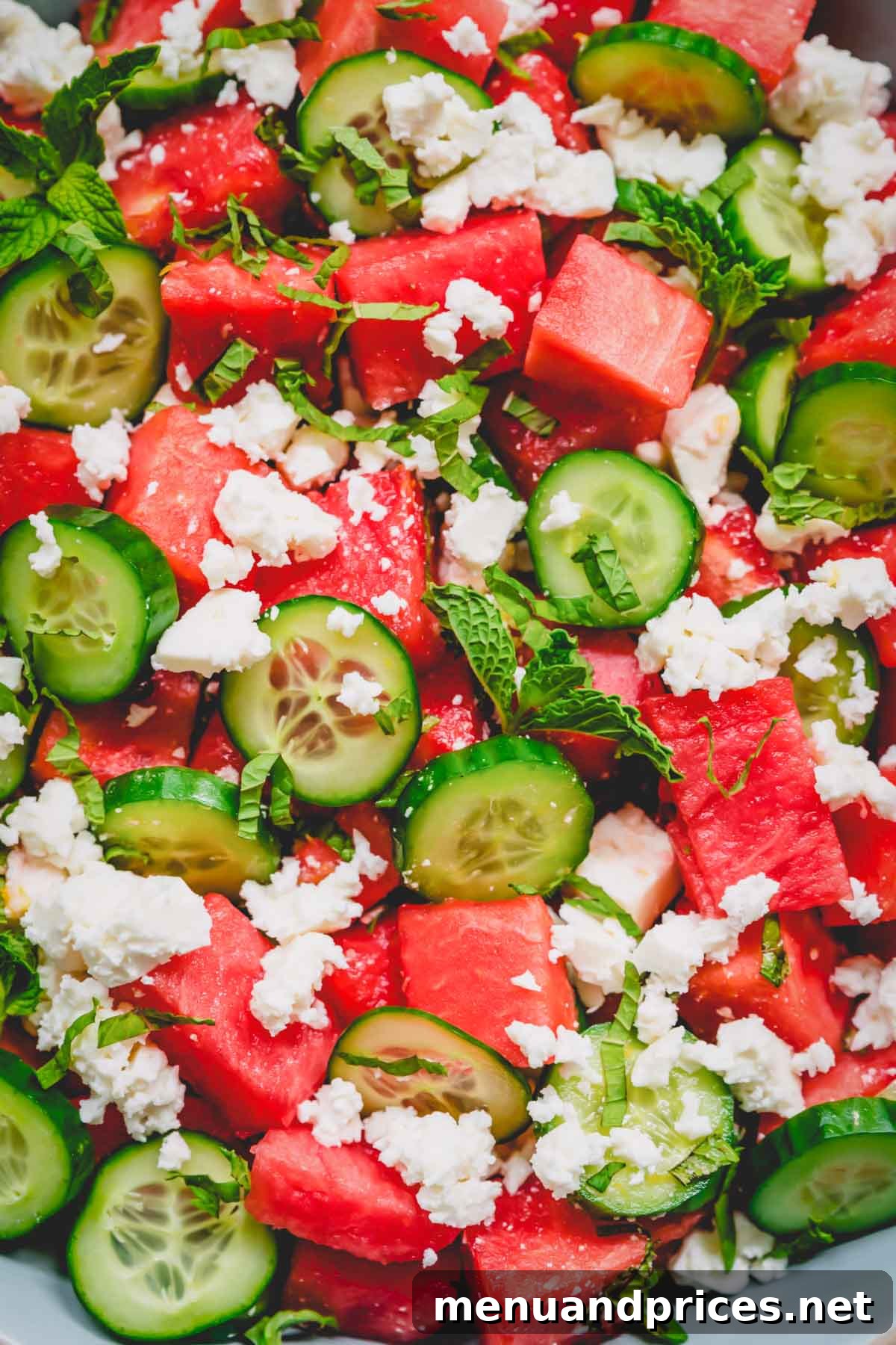 Summer Watermelon Feta Medley 6 Close-up photo of Watermelon Feta Salad, garnished with finely chopped fresh mint leaves.