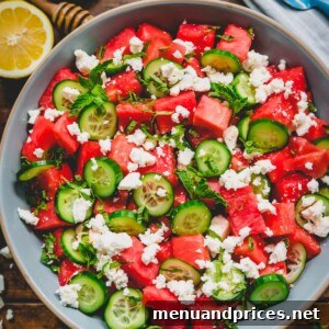 Summer Watermelon Feta Medley 7 Watermelon feta salad in a large serving plate.