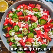 Summer Watermelon Feta Medley 8 Watermelon feta salad in a large serving plate.