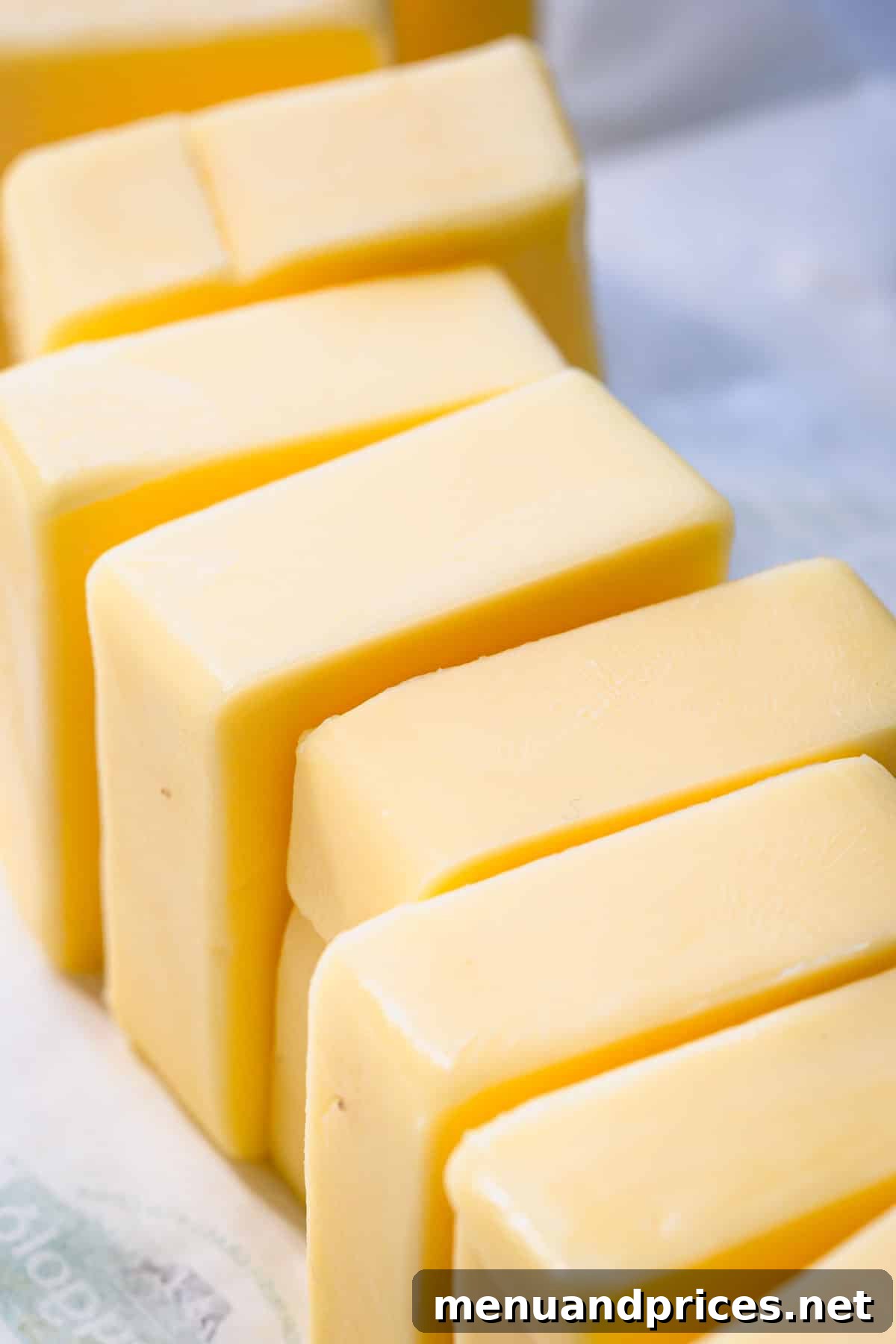 Butter Fundamentals 2 A line of perfectly sliced golden butter blocks, ready for culinary use.