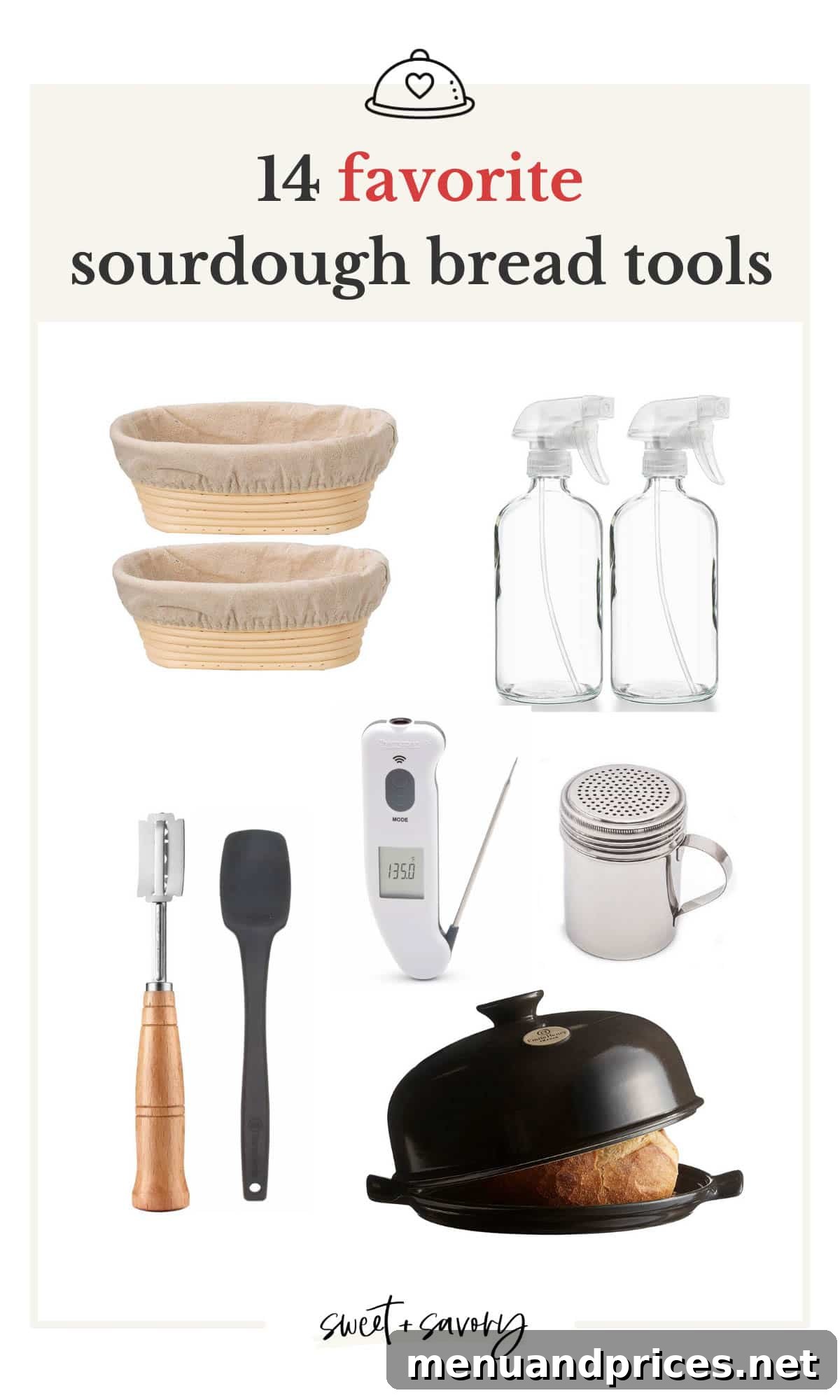 Top Tools for Sourdough Perfection 2 A curated collection of essential sourdough baking tools, including two banneton baskets, two sprayer bottles, a scoring lame, a silicone spatula, a digital thermapen, a flour shaker, and a bread cloche, arranged neatly on a kitchen surface.