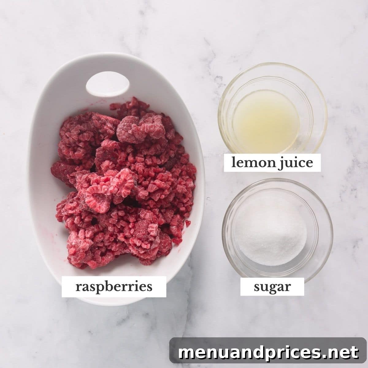 Velvety Raspberry Sauce Without the Seeds 4 The three essential ingredients for making raspberry coulis are neatly arranged: a bowl of fresh raspberries, a bowl of granulated sugar, and a vibrant lemon.
