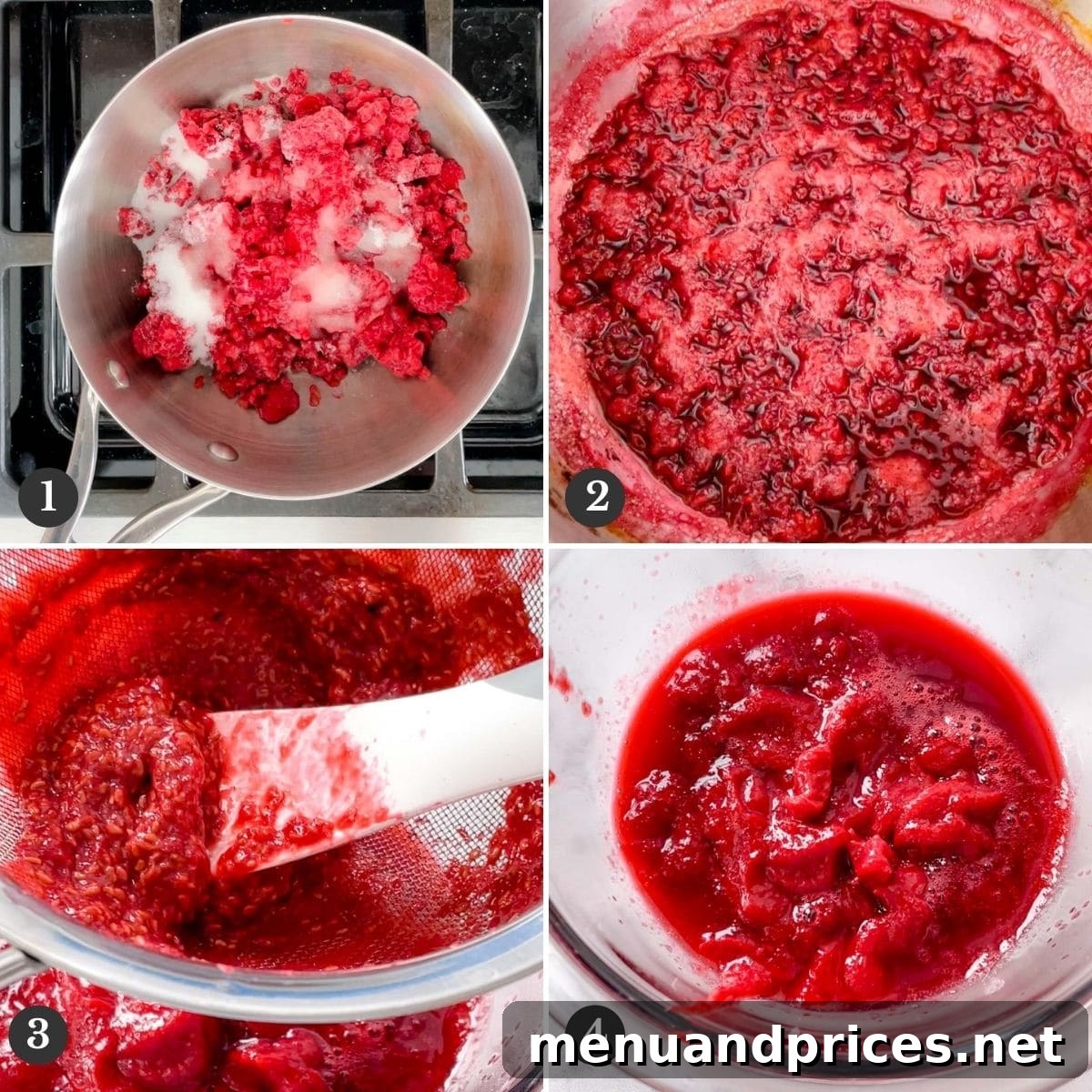 Velvety Raspberry Sauce Without the Seeds 5 A four-panel image showing the step-by-step process of making raspberry coulis: combining ingredients, simmering, pressing through a strainer, and the finished smooth sauce.