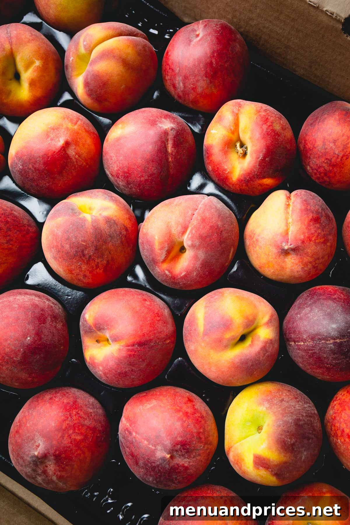 Peach Peeling Made Easy 2 A case of ripe, fresh peaches ready for harvest or sale.
