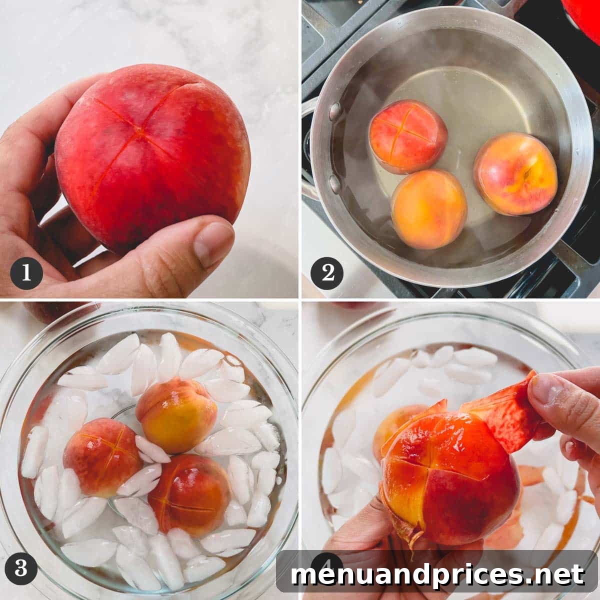 Peach Peeling Made Easy 4 Step by step images of peeling peaches by blanching and ice water bath method.