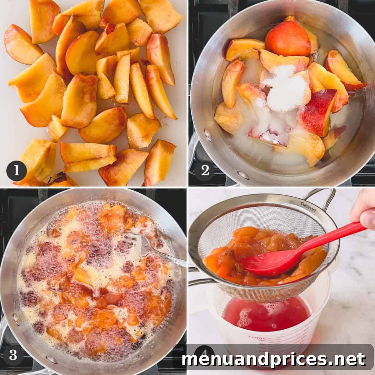 Step-by-step photographs illustrating the process of making homemade peach simple syrup, from slicing peaches to straining the finished syrup.