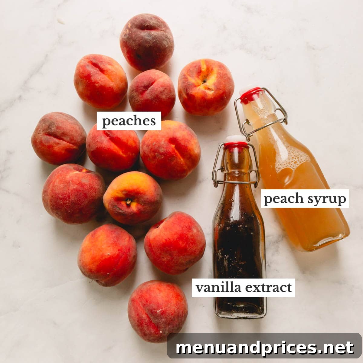 Velvet Peach Dream 3 Dozen fresh peaches, and two bottles with vanilla extract and peach syrup on a white counter.